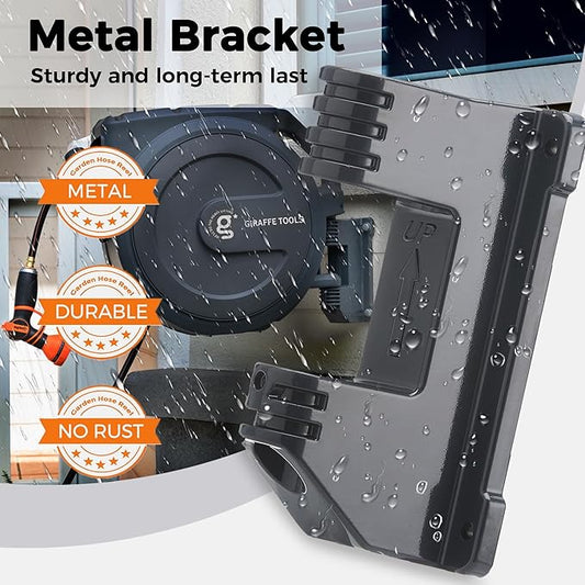 Giraffe Tools Retractable Hose Reel 1/2 in x130 FT PRO Metal Bracket Wall Mounted Heavy Duty Hose Reel with 9 Pattern Nozzle 180 Deg Swivel, Metal Bracket Any Length Lock (1/2 130FT PRO, Dark Grey)