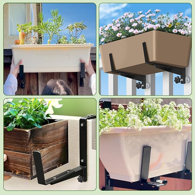 Heavy Duty Adjustable Window Box Brackets - Iron Planter Box Hangers with Reinforced Bottom Support for Balcony, Fence, Railing, Garden - Rust-Proof & Sturdy Flower Pot Holders