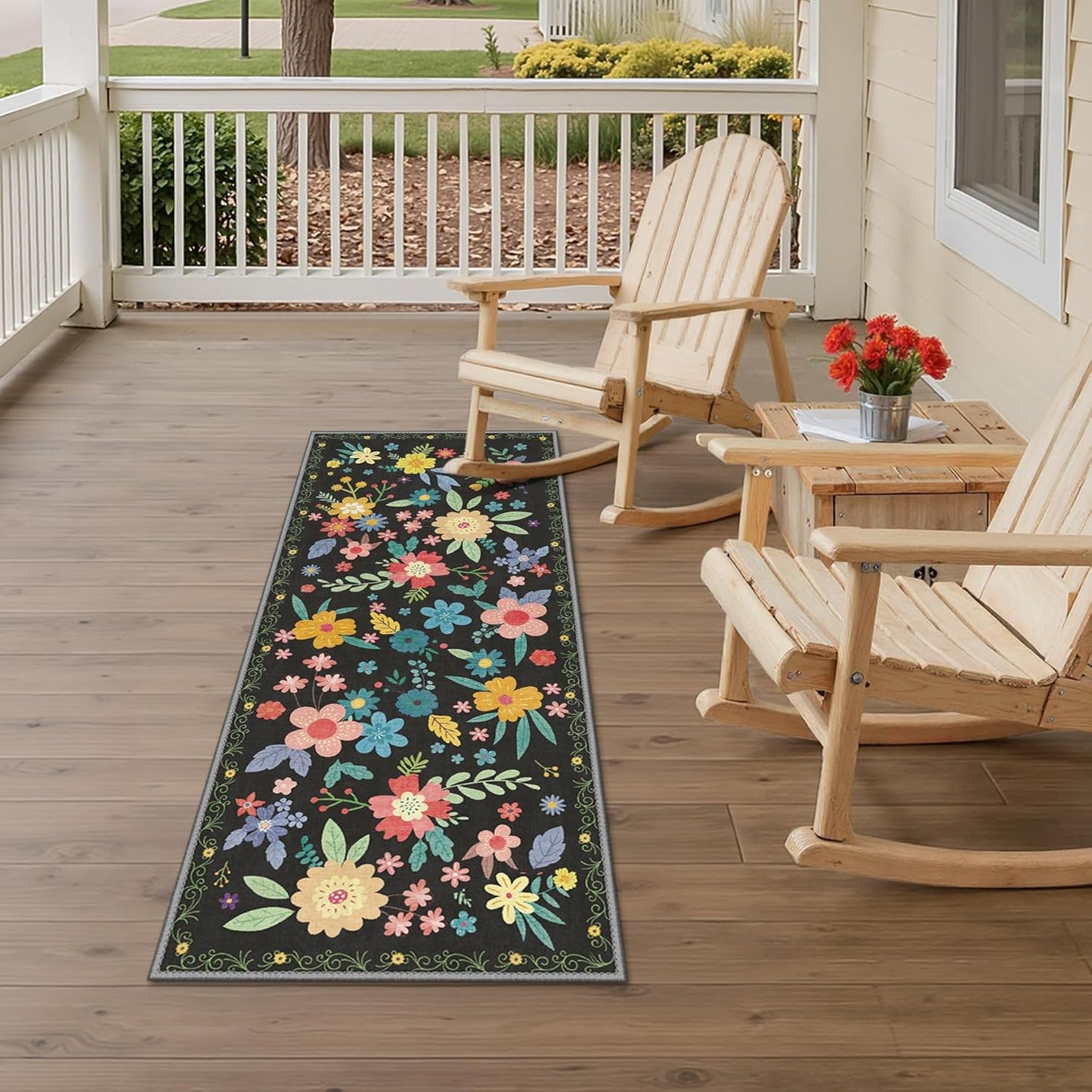 GENIMO Indoor Outdoor Area Rug 2' X 5' Waterproof, Washable Runner Rug Non Shedding, Easy Cleaning Floral Outdoor Carpet for Patio, Living Room, Bedroom, Entryway, Porch, Dining Room, Black