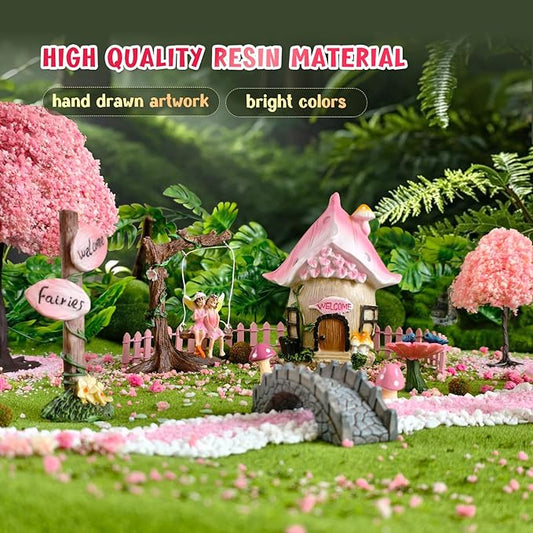 DONABELA Fairy Garden Decor Kit Pink Resin Miniature House Figurines Set Swing Directional Sign Bird Drinking Pool Fence Little Mushroom Outdoor Tiny Accessories Supplies