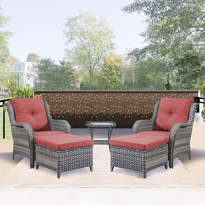 Rilyson Outdoor Patio Furniture Chairs Set - 5 Piece Wicker Rattan Patio Sectional Conversation Sets with 2 Armrest Chairs,2 Ottomans and Side Table for Porch Deck Balcony Garden(Mixed Grey/Red)