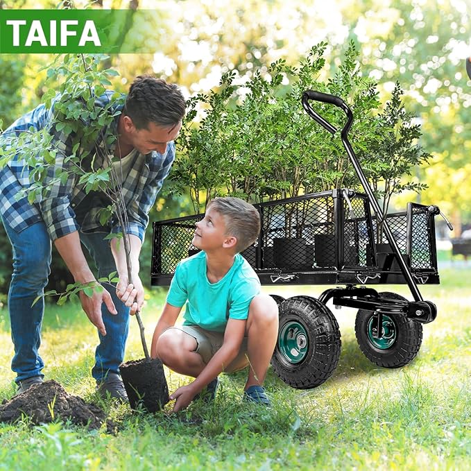 Taifa Heavy Duty Utility Steel Garden Cart 880 Lbs Capacity with Detachable Side Panels Convert to Flatbed for Yard Lawn and Farm, Metal Wagon with 180° Rotating Handle, Black