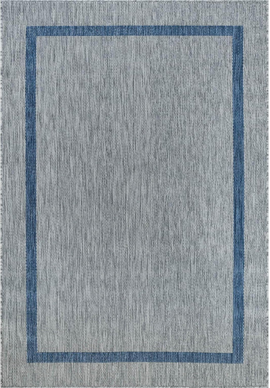 Bordered Outdoor Rug 9x12 Washable Outside Carpet for Indoor Patio Porch Waterproof Easy Cleaning Non Shedding Area Rugs Silver Gray - Blue 9 x 12