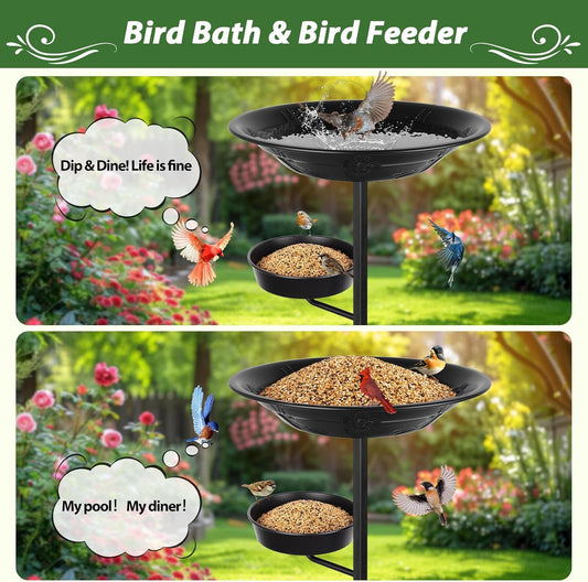 BOLITE Bird Bath for Outside, Metal Freestanding Birdbaths with Large Water Basin, Small Water Basin and Two Small Seed Bowls, Outdoors Garden Patio Yard Lawn Decor, Upgraded 5-Pronged Base, Black