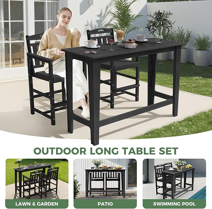 HDPE Outdoor Patio Bar Set with High Top Table and 2 Adirondack Chairs, All-Weather Bar Height Outside Rectangular Pub Furniture for Bistro, Garden, Backyard, Deck | 3-Pieces, Matte Black