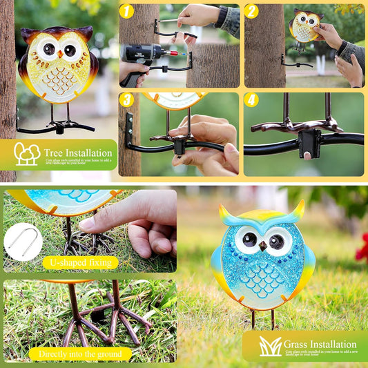 Owl Garden Decor for Outside, Stand & Tree Hugger Outdoor Owls Statues Yard Art Set of 3, Funny Metal & Glass Figurines Gifts for Grandma Mom Women