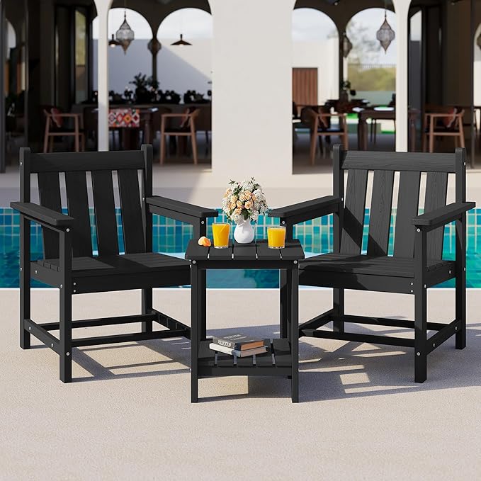 SEWRWALL Patio Furniture Set, HDPE Material All Weather Use Adirondack Chair Set with Side Table for Balcony, Porch, Garden, Backyard (Black)