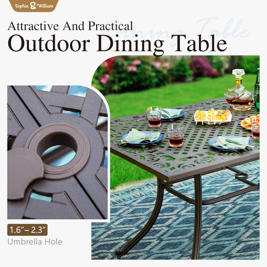 Sophia & William 7 Pieces Cast Aluminium Patio Dining Furniture Set for 6, Powder-Coating Outdoor Dining Chairs and Rectangular Table with 2.3" Umbrella Hole for Porch Backyard Deck, Bronze