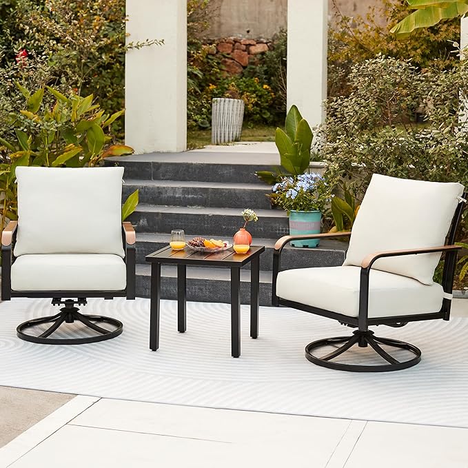 NATURAL EXPRESSIONS Outdoor Bistro Set, 3 Piece Swivel Glider Rocking Chairs Patio Conversation Furniture Set with 2 Rockers, 1 Metal Table and 6" Thick Cushions for Backyard, Porch, Balcony, 350lbs.