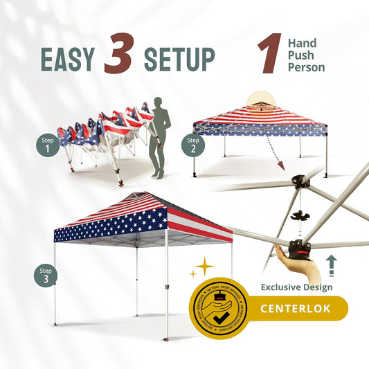 CROWN SHADES 10x10 Pop Up Canopy - Beach Tent with One Push Setup - Easy Outdoor Sun Shade for Events, Parties, Camping - Gazebo with STO-N-Go Cover Bag, Silver Coated Top, American Flag