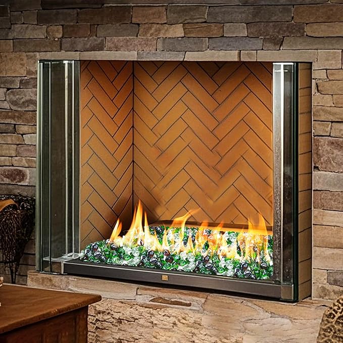 Skyflame 10-Pound Blended Fire Glass Diamonds for Fire Pit Fireplace Landscaping, 1/2 Inch Emerald Green, Crystal Ice, Amber Luster