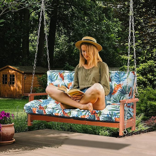 Swing Replacement Cushions with Backrest, 2 or 3 Seater Waterproof Non-Slip Overstuffed Swing Pad, Indoor/Outdoor Bench Cushion for Porch Chair Swing Garden Furniture (Summer, 40 * 70.8 in)