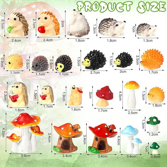 Woanger 30 Pcs Fairy Outdoor Garden Accessories Resin Mini Hedgehog Mushroom Miniature Figurines Garden Tiny Animals Figurines for House Terrarium Plant Bonsai Craft Decor(Vivid)