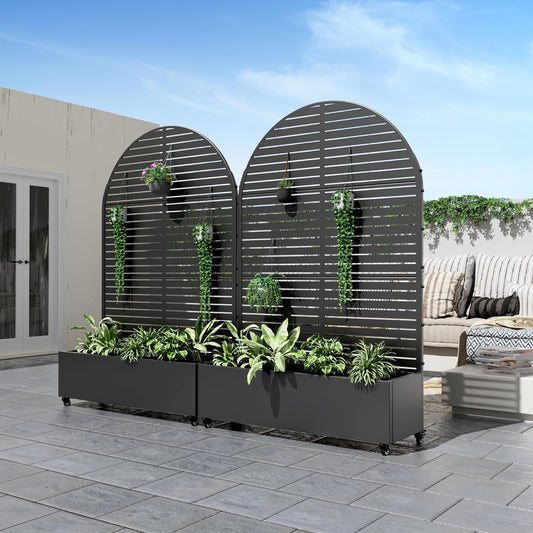 Casaphoria Metal Raised Garden Bed with Trellis and Wheels, 72"x47"x16" Arched Planter Box for Climbing Plants, Vegetables & Vines, Features Drainage Holes and Privacy Screen (Black-Louvered)