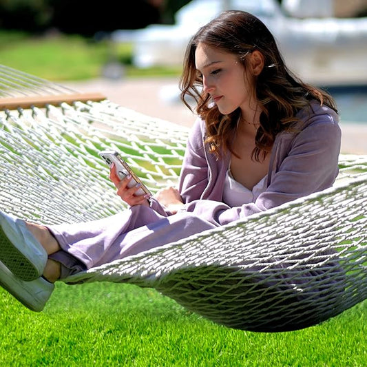 ANOW Rope Hammock Double Hammock with Hardwood Spreader Bar and Carrying Bag, 450 LBS Weight Capacity for Two Person, Natural