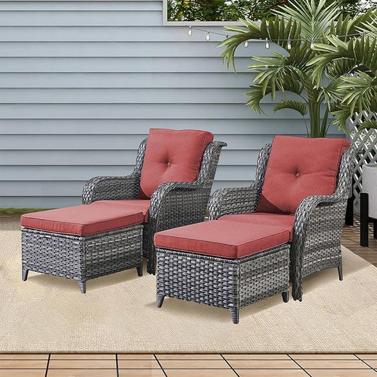 Rilyson Outdoor Patio Furniture Chairs Set - 4 Piece Wicker Rattan Patio Sectional Conversation Sets with 2 Chairs and 2 Ottomans for Porch Deck Balcony Garden(Mixed Grey/Red)