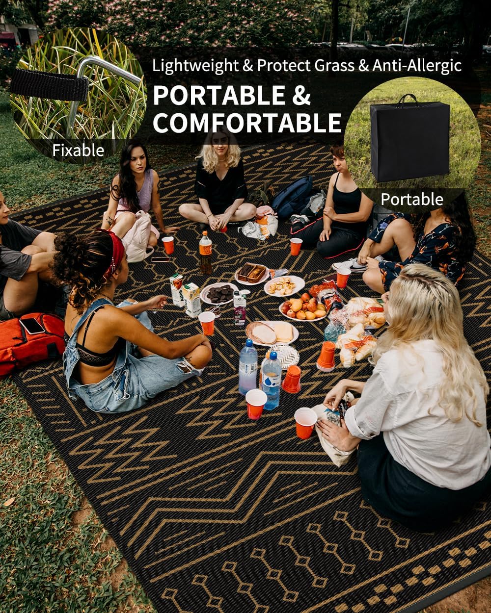 Outdoor Rug Carpet Waterproof 6x9 ft Patio Rug Mat Indoor Outdoor Area Rug for RV Camping Picnic Reversible Lightweight Plastic Straw Outside Rug for Patio Decor Decoration Boho Rug Black Brown