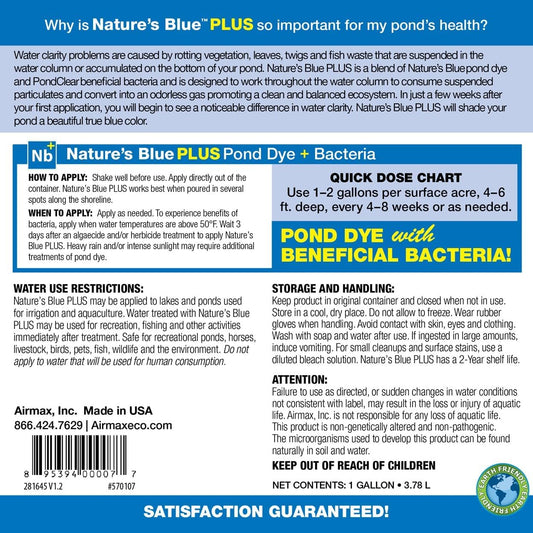 Airmax Pond Dye Plus, Nature's Blue Colorant & Natural Beneficial Bacteria, Large Pond & Lake Water Clarifier & Color Treatment, Shade Plants & Algae from Sunlight, Fish & Livestock Safe, 4 Gallons