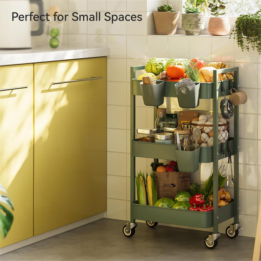 3 Tier Rolling Cart,Utility Cart with Locking Wheels, Hanging Cups,&Hooks, Heavy Duty Metal Storage Organizer Cart for Kitchen,Office, Bathroom,Craft Room,Green