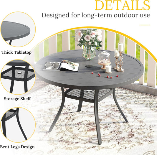 VICLLAX 47.2" Outdoor Round Patio Table for Lawn Garden, All Weather Metal Round Patio Dining Table with Adjustable Umbrella Hole, 6 Person Patio Table, Grey Tabletop