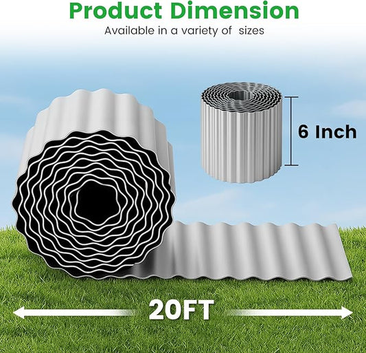 Bonviee 6” x 20’ Metal Landscape Edging Border Kit, Corrugated Garden Edging for Flower Bed, Lawn, Walkways, No Dig Paver Edging for Landscaping, Durable Garden Border Edging (Silver, 6In x 20Ft)