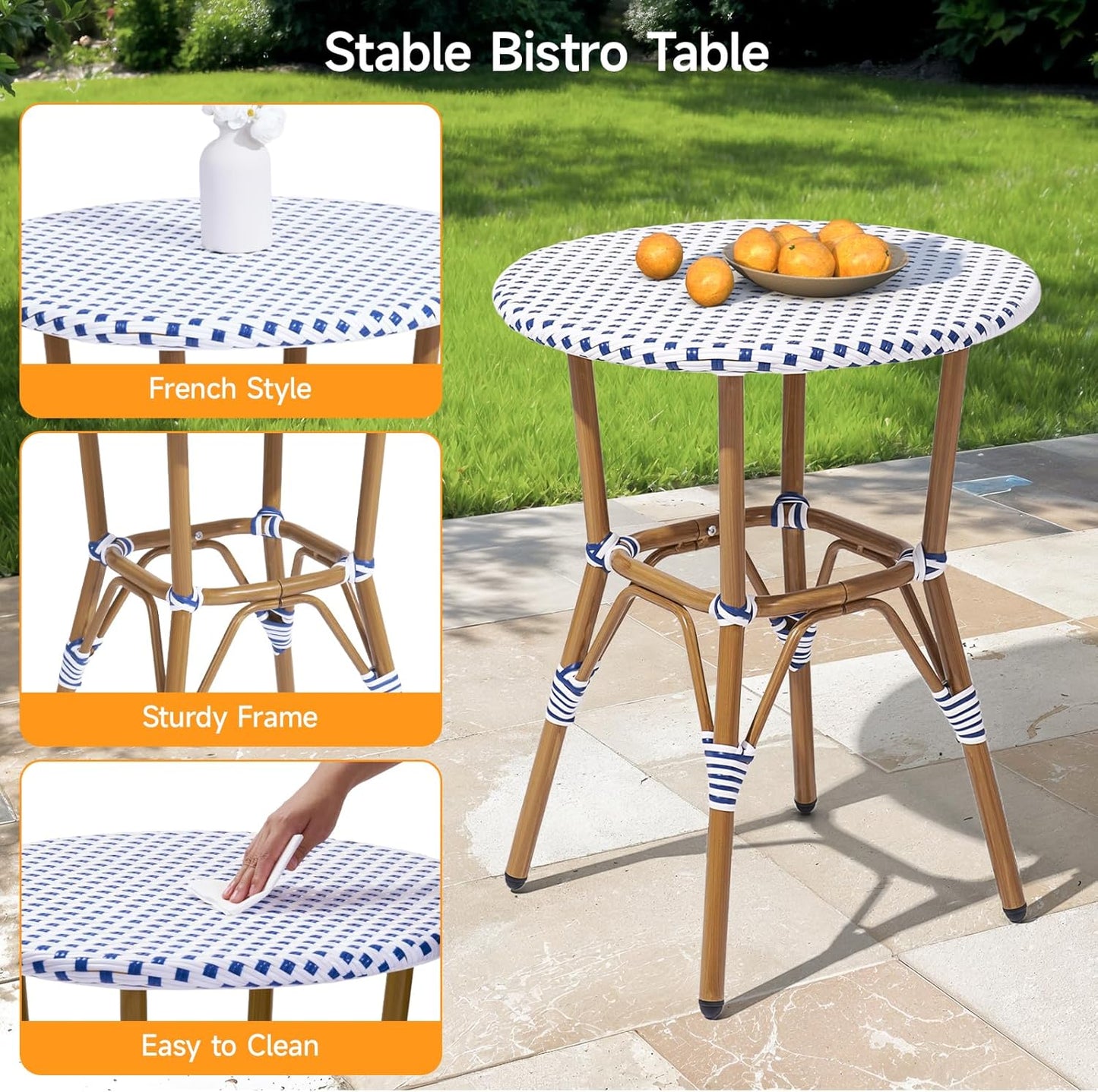 3 Piece French Wicker Bistro Set, Patio Bistro Set with Table and 2 Dining Chairs, All Weather Outdoor Bistro Set with Aluminum Frame, Outdoor Patio Set for Patio Porch Cafes Yard, Navy and White