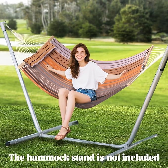 Tangkula 10.5FT Double Hammock, Heavy Duty Outdoor Hammock with Curved Spreader Bars, Detachable Pillow, 2 Person Hammocks for Outside, Porch, Patio (Stand is not Included) (Coffee)