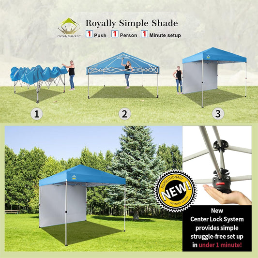 CROWN SHADES 8x8 Pop Up Canopy with 1 Side Wall - Beach Tent with One Push Setup - Outdoor Sun Shade for Events, Parties, Camping - Gazebo with STO-N-Go Cover Bag (Sky Blue)