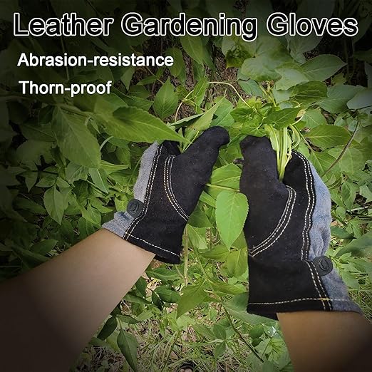 Leather Work Gloves for Women with Cotton Lining, Thorn Proof Gardening Gloves for TIG/MIG Welding, Construction (Black, Large)
