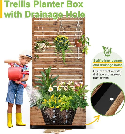 FENCY Metal Raised Garden Bed with Wheels and Trellis,73"x35"x16" Planter Box for Climbing Plants, Vegetables & Vines, Features Privacy Screen and Drainage Holes (Wood Color)