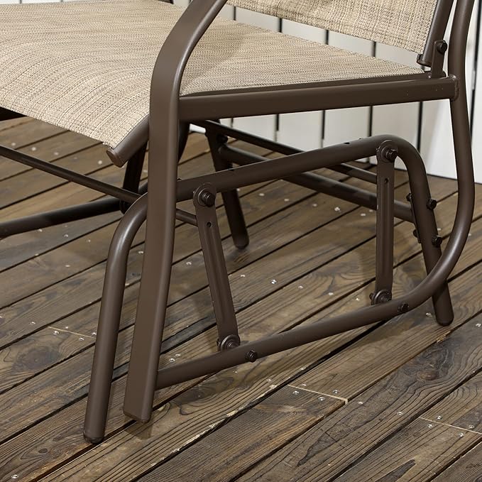 Outsunny 3 Piece Outdoor Glider Chair with Coffee Table Bistro Set, 2 Patio Rocking Swing Chairs with Breathable Sling Fabric, Glass Tabletop, for Backyard, Garden and Porch, Mixed Brown
