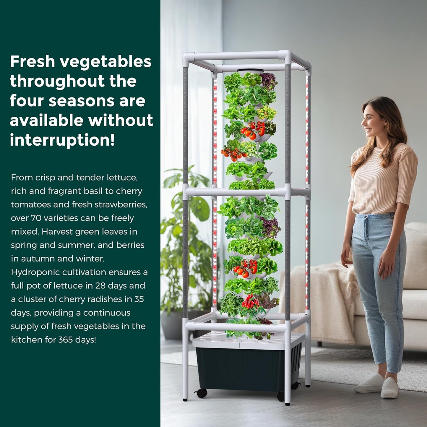 SJZX Hydroponic Growing System Kit - 70 Pods Large Vertical Hydroponics Tower with 8 Full-Spectrum 360° LED Grow Lights, 14-Tier Smart Indoor Herb Garden for Kitchen Office Winter Balcony Planting