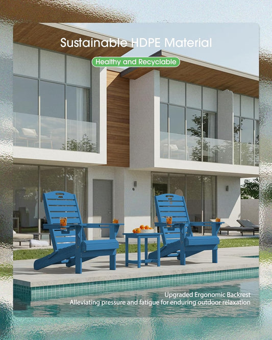 Adirondack Chairs Set of 4, Outdoor Fire Pit Chairs, HDPE All-Weather Adirondack Chairs with Cup Holder, Lawn Chair for Deck, Patio, Garden (NavyBlue)