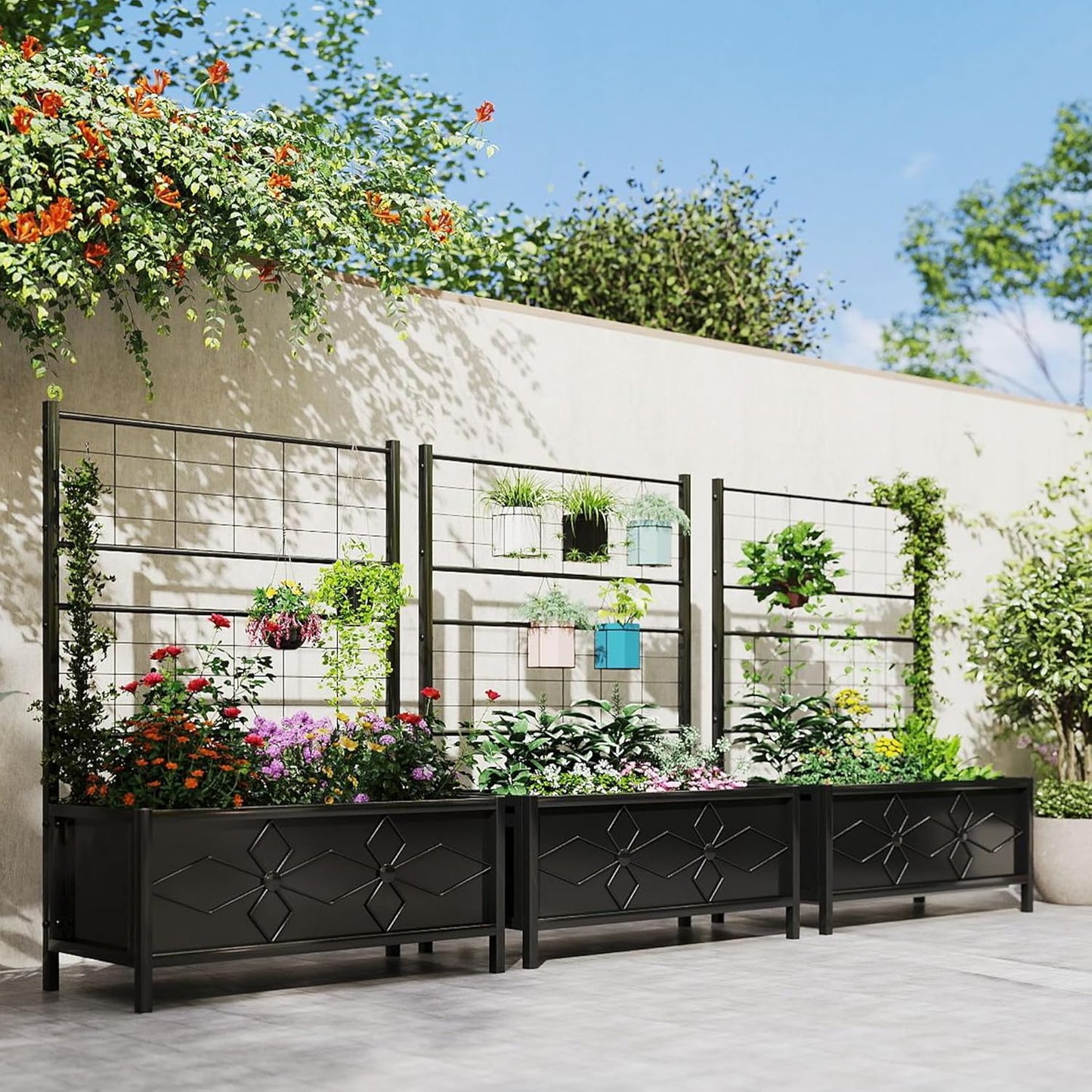 Outsunny Planter Box with Trellis, 35.4 x 15.7 x 47.2 inch Raised Garden Bed with Drainage Holes, Planters for Outdoor Plants, Vegetables, Flowers, Herbs, Trellis Planter, Black