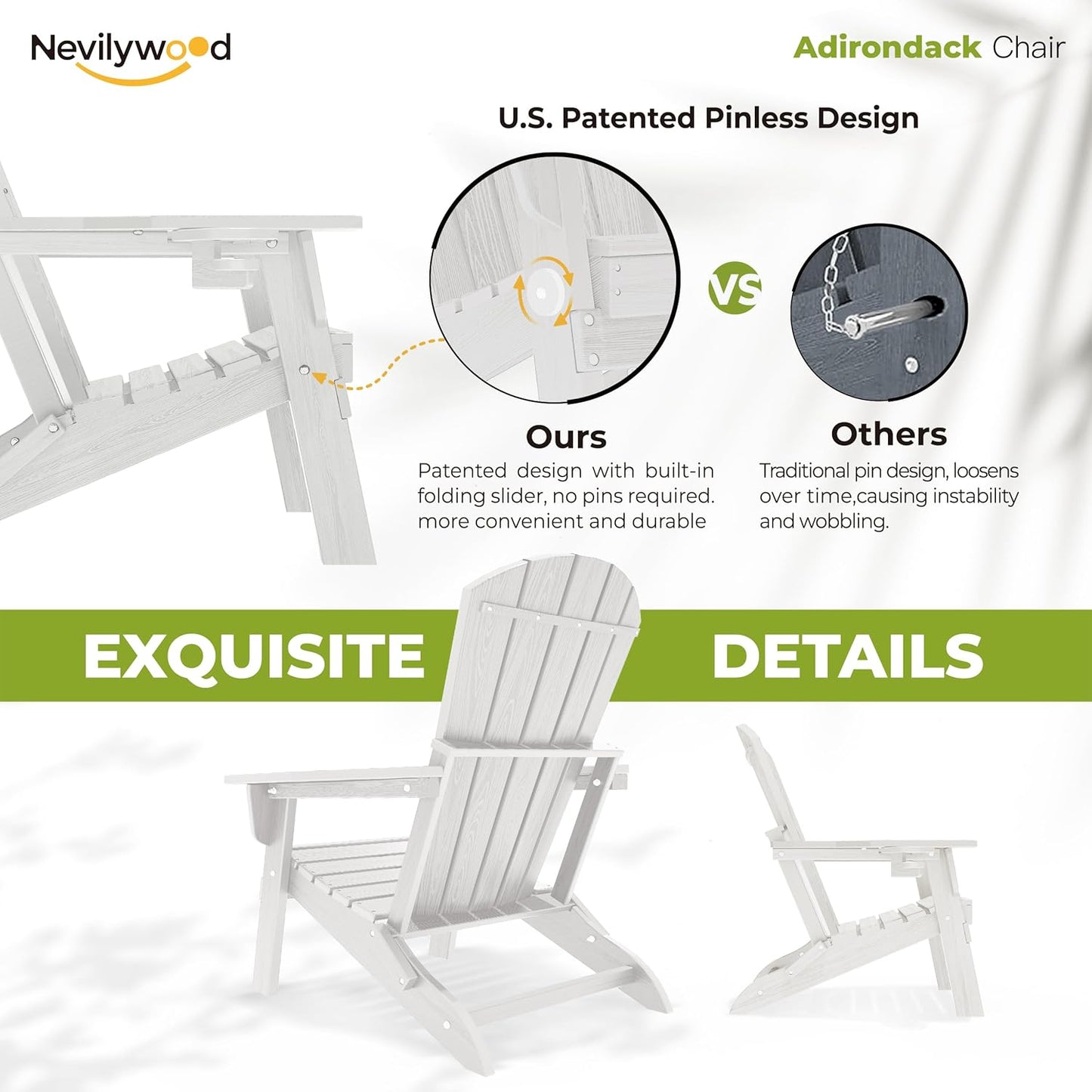 Folding Adirondack Chair - Extended Ergonomic Backrest, Cup Holder - Easy Assembly - Durable HDPE Plastic, Weather Resistant & Maintenance-Free - Lawn, Patio, Deck Supports 380lbs White