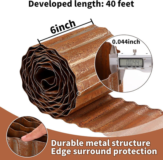 Corrugated Metal Garden Edging, 6"×40Ft Durable Metal Landscape Edging, Modern Corrugated Design for DIY Flower Beds and Landscaping Borders(Rusty)