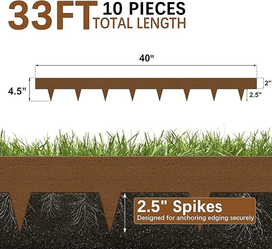 Worth Garden 10-Pack Corten Steel Landscape Lawn Edging - 4.5in H Rust Patina Finish Bendable Metal Strips - Hammer-in Pre-Rusted Border w/ 11 Clips - Yard Pathway Divider (33Ft Total)