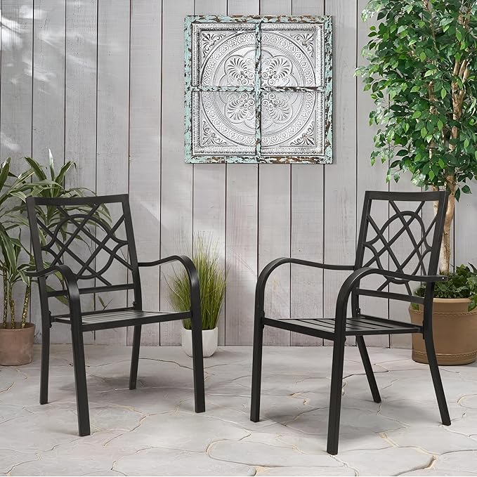 Incbruce 300lbs Patio Chairs Set of 2 Outdoor Dining Chairs, Metal Frame Stackable Patio Dining Chairs, Wrought Iron Black Outdoor Chairs with Armrest for Garden, Poolside, Backyard