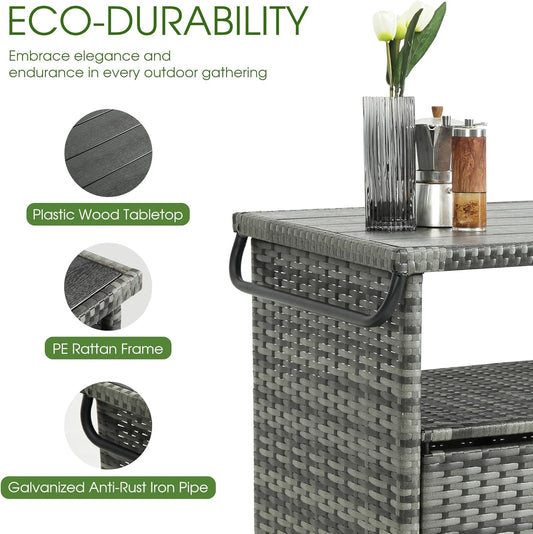 HOMEFUN Outdoor Grill Carts with Storage Cabinet - Outside Bar Cart with Wheels Wicker Patio Kitchen Island Table Weatherproof Prep Stand, Grey
