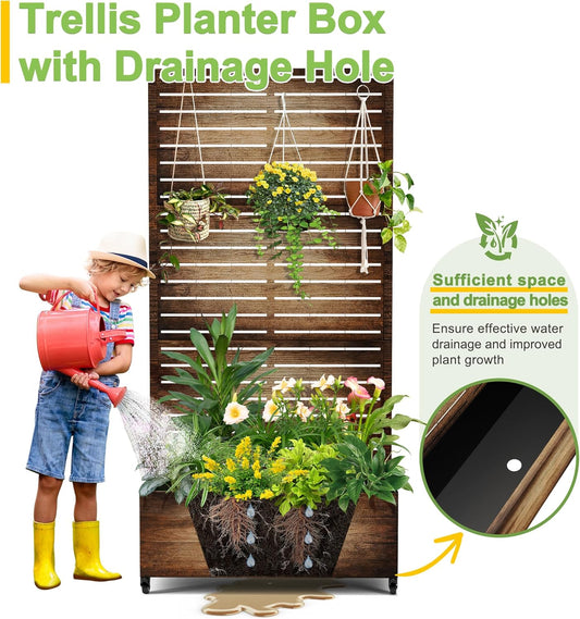 FENCY Metal Raised Garden Bed with Wheels and Trellis,73"x35"x16" Planter Box for Climbing Plants, Vegetables & Vines, Features Privacy Screen and Drainage Holes (Vintage Wood Color)