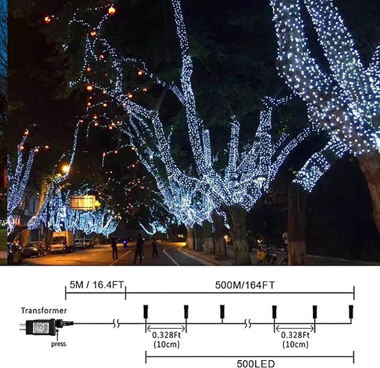weillsnow 164 FT 500 LED Christmas Lights Outdoor, Waterproof Christmas Fairy Lights with Timer, Plug in White LED String Lights with 8 Modes for Bedroom Wedding Party Xmas Decoration