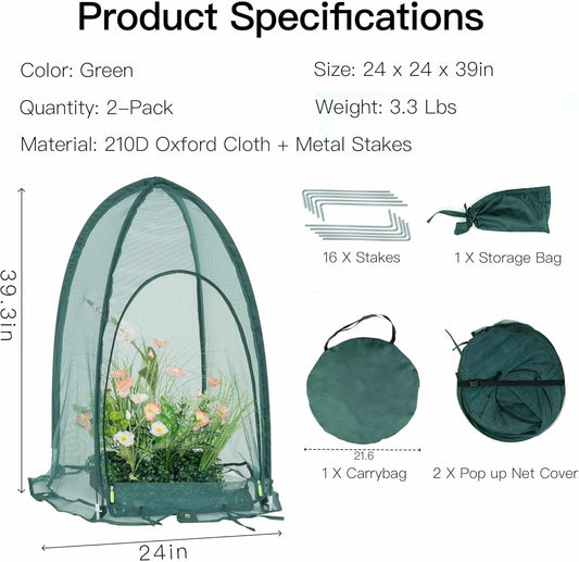 Pop up Gardening Net Cover,29.5x29.5x39.4 inches Pack of 2,Pest Guard Cover for Vegetables Fruits Durable Plant Gardening Net, Pop-Up Chicken Pen for Small Animals Outdoor Run and Pet Enclosure