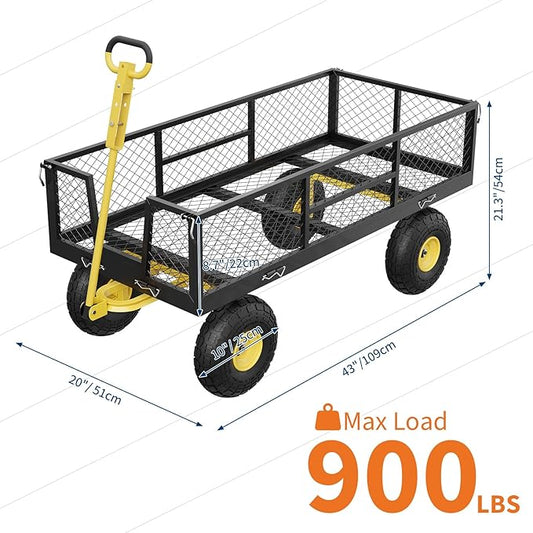 GarveeLife 900 LBS Garden Cart on Wheels with Adjustable Handles, Heavy Duty Steel Garden Wagon with Removable Mesh Sides to Convert into Flatbed, Wagon Cart for Lawn Farm Yard