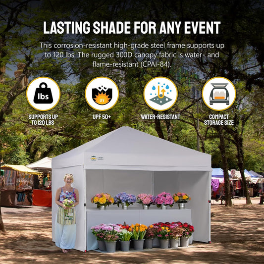 CROWN SHADES 10X10 Comercial Instant Canopy Pop Up Tent with Center Lock (10x10 with 4 Sidewalls, White)