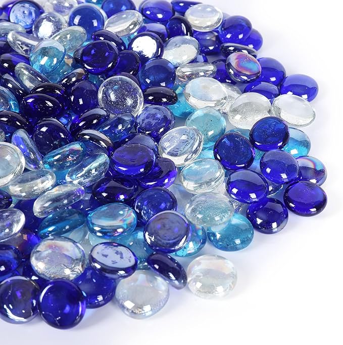 5LB Fire Glass Beads Flat Glass Marbles for Outdoor Fire Pit and Fireplace, Glass Gemstones for Vase Filler, Aquariums, Hydroponics Plants, Home Decor and Christmas DIY Craft, Blue Mixed