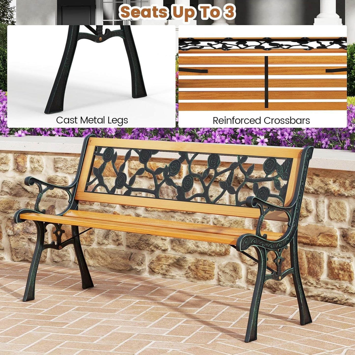 Tangkula Outdoor Garden Bench Park Bench, Patio Iron Bench Chair with Cast Iron & Hardwood Structure, Weather Proof Porch Loveseat, Perfect for Backyard, Deck, Lawn, Poolside