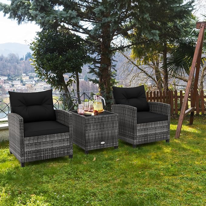 RELAX4LIFE 3 Piece Patio Furniture Set, Wicker Bistro Conversation Set w/2 Cushioned Armchairs & Glass Topped Table, Outdoor Rattan Sofa Set Patio Furniture for Porch Balcony Poolside (Grey-Black)