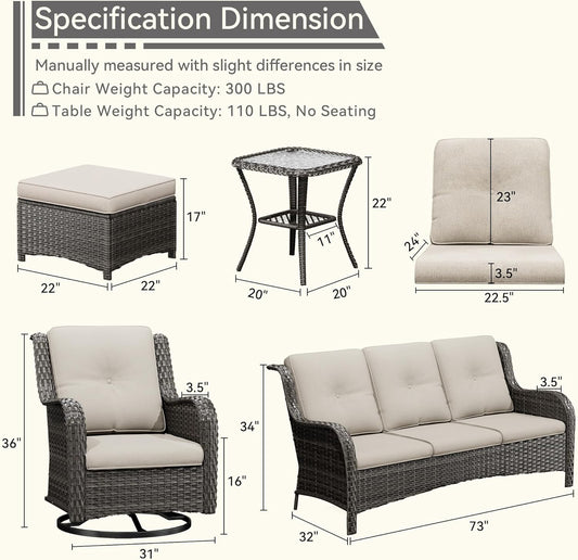 Wicker Patio Furniture Set 6 Piece, Outdoor Furniture Patio Conversation Set Includes 1 Three-Seat Sofa, 2 Swivel Rocker Chairs, 2 Ottomans and 1 Side Table,Beige