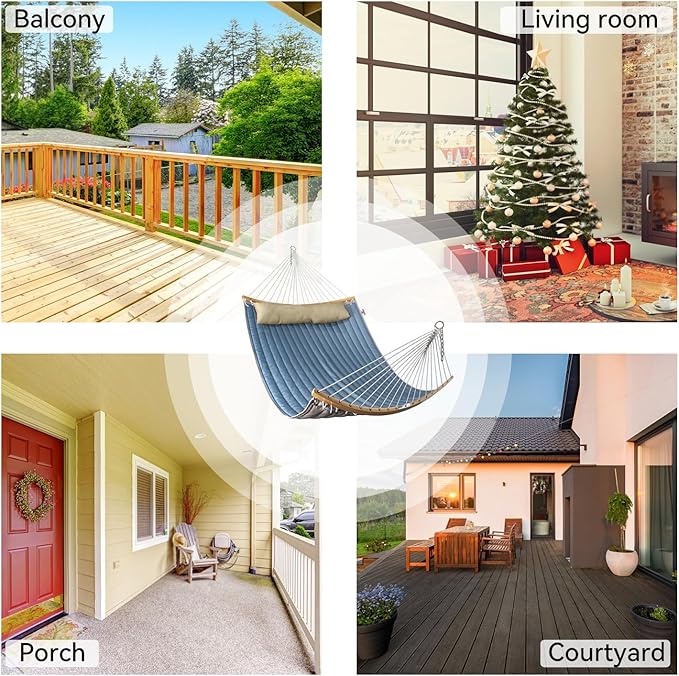 Double Hammock, 11 FT Quilted Fabric 2 Person Hammock for Outside with Pillow, Folding Curved Spreader Bar, Chains, Carrying Bag, Indoor Outdoor, 450 IB Capacity, JeansBlue