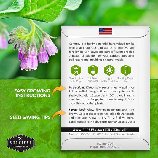 Survival Garden Seeds Comfrey Seed for Planting - 2 Packets with Instructions to Plant and Grow Slippery Root Plants in Your Home Herb Garden - Symphytum officinale - Non-GMO Heirloom Seed Variety
